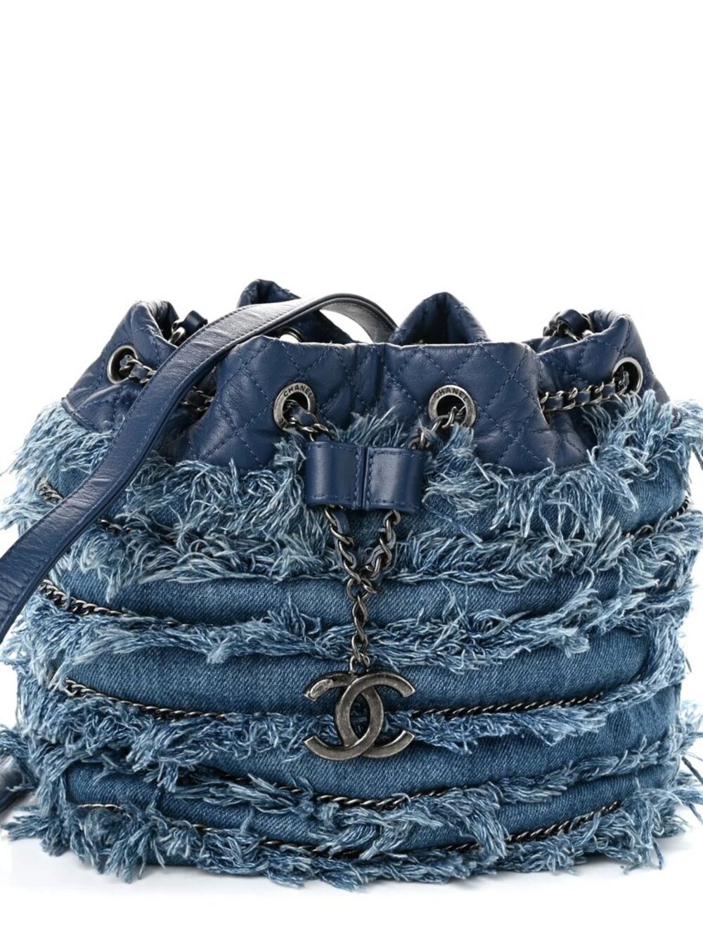 Chanel Calfskin Denim Fringe Chains CC Drawstring Bucket Shoulder Bag Blue